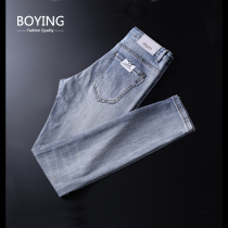 Spring and autumn Korean jeans men slim casual wash light blue tide youth nine-point pants Straight small feet trousers
