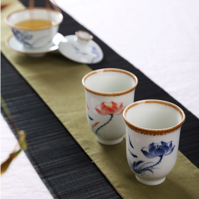 Hong bo acura hand - made lotus wind kung fu ceramic cups sample tea cup masters cup small tea masterpieces of blue and white porcelain tea set