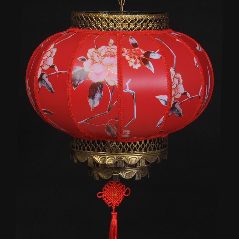 中式仿古羊皮灯笼户外防水圆形羊皮吊灯喜庆酒店茶楼阳台园牡丹款
