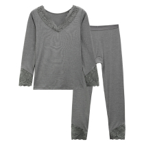 Qing womens underwear set Spring and Autumn solid color thin lace lace deep V collar slim stretch bottom autumn trousers