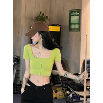 The Barbie Aunt Green Early Spring Knitted Cardiovert 2022 New square collar Undershirt With a Sweet Spicy Short blouse