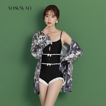 One-piece Swimsuit Women Summer Conservative 2022 New sexy harnesses Slim Cover Belly small breasts Long sleeves Flat Corner Swimming