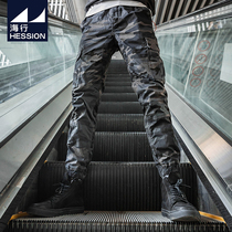 Haiping camouflage drawstring overalls mens elastic waist bags of loose tie pants casual with Martin boots