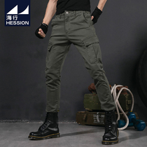 Army Green Tide Brand Mens Slim Foot Pants cargo Trendy Multi-Pocket Pants with Martin Boots