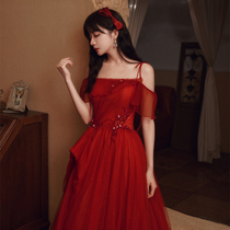 Dress female red toast dress bride 2021 new suspender temperament thin wedding art examination evening dress wedding long