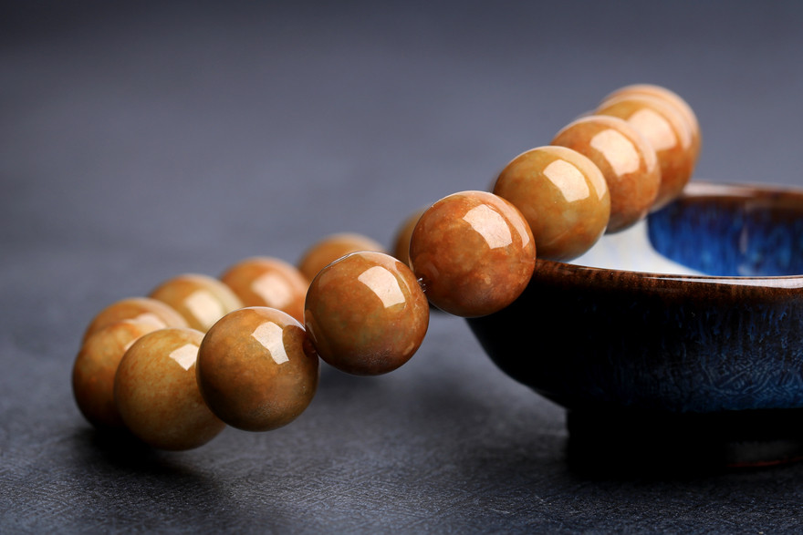 7332克尚美南都黄棕翡重器缅甸a货翡翠佛珠手串