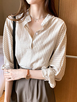 Canary Kiss white striped shirt womens early spring 2021 new temperament long-sleeved wild top autumn women