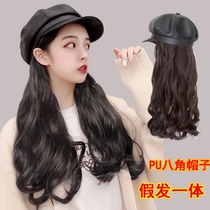Autumn and winter PU hat wig one octagonal leather hat wig female long curly hair one net Red big wave long roll
