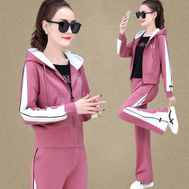 Leisure sports suit women spring and autumn 2021 new fashion cardigan foreign wide leg pants long sleeve sweater three Sets Winter