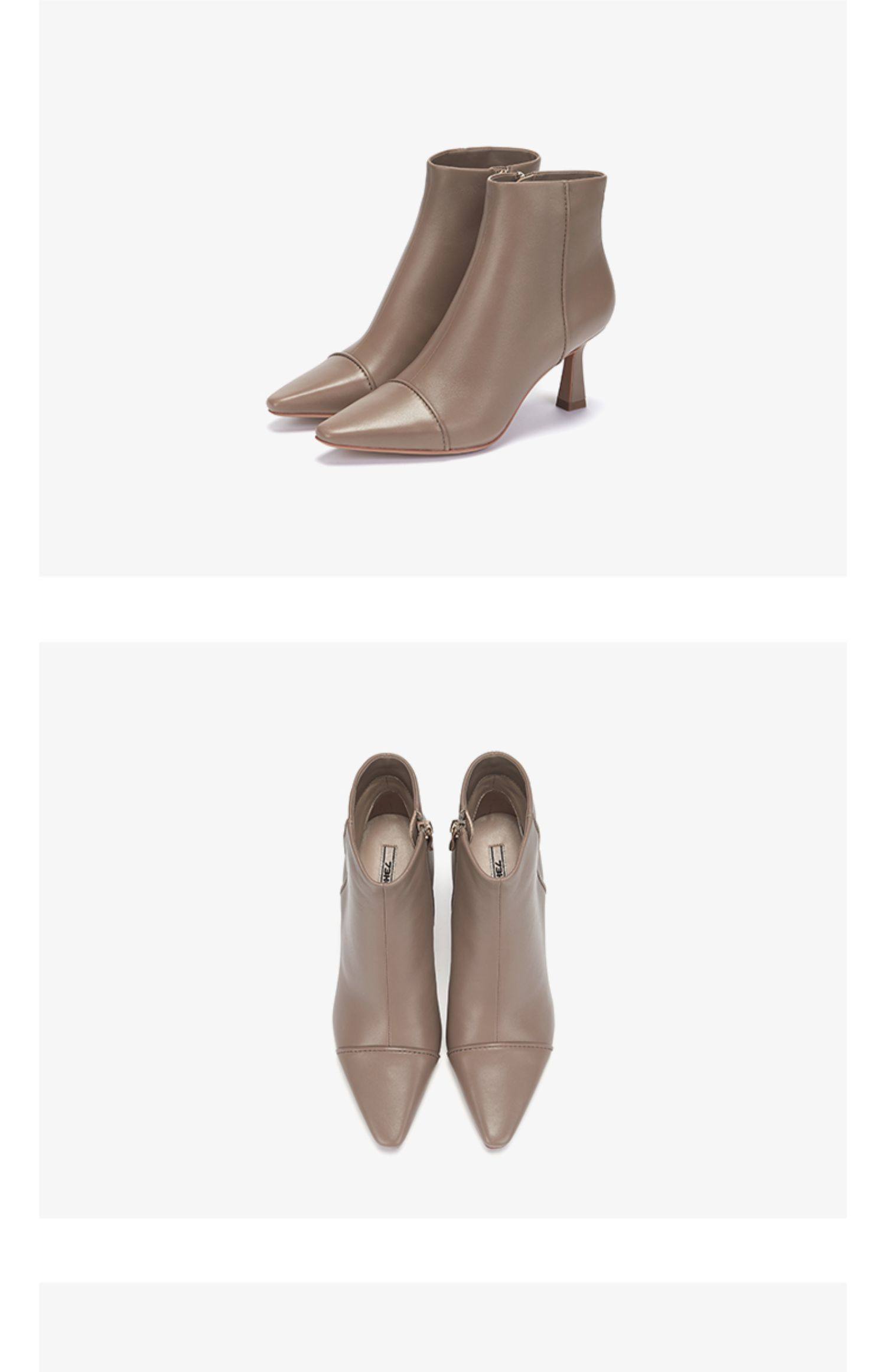 73hours女鞋chai秋冬尖头细跟白色小羊皮靴子拼接高跟短靴时装靴