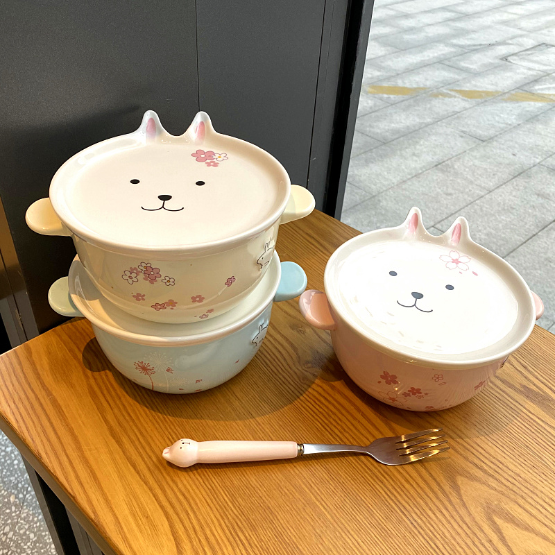 Mercifully rainbow such use ears ceramic bowl with cover and lovely young girl heart female student dormitory in the microwave bowl of soup bowl