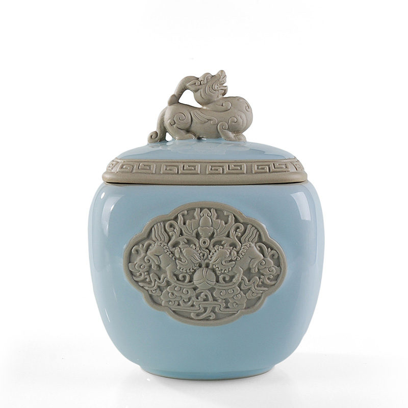 The great shadow enjoy code ceramic POTS guanyao anaglyph kirin celadon seal Chinese black tea caddy fixings large - sized DCXH