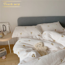 TOUCH MISS Coral Fleece Four-piece Set Winter Thickened Warm Simple Star Moon Embroidered Teddy Fleece Bedding