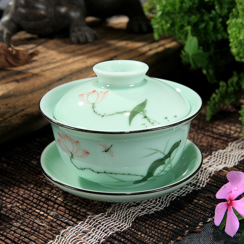 Qiao mu QGZ household kung fu tea set ceramic longquan celadon hand - made tureen tea cup bowl bowl three cups