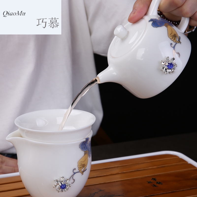 Qiao mu dehua white porcelain kung fu tea set with silver suet jade porcelain household tureen of a complete set of tea cups teapot