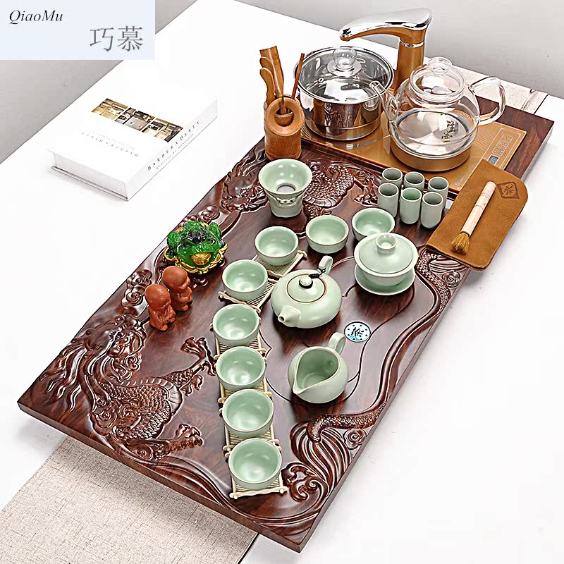 Qiao mu automatic tea set household contracted health pot of violet arenaceous glass kung fu tea set four solid wood tea tray