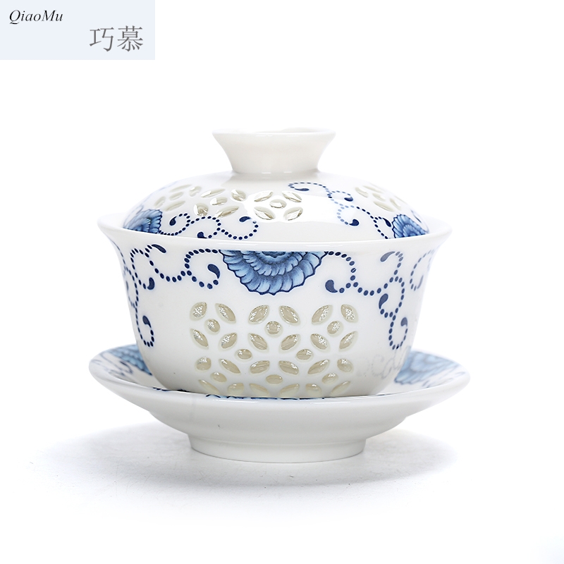 Qiao mu purple ceramic kung fu tea set your up tureen only three cups of green ice to crack the three bowl of blue and white and exquisite bowl with a new one