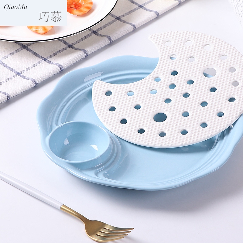 Qiao mu ceramic double disk circular household dumpling dish drop large dumpling dish 10 inches with vinegar dish of steaming water