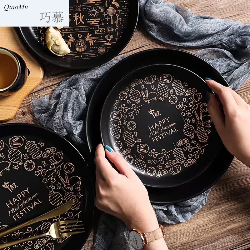 Qiao mu high - grade gold printing ceramic plate moon cakes Mid - Autumn festival snack dish dish tray was holiday gift decoration