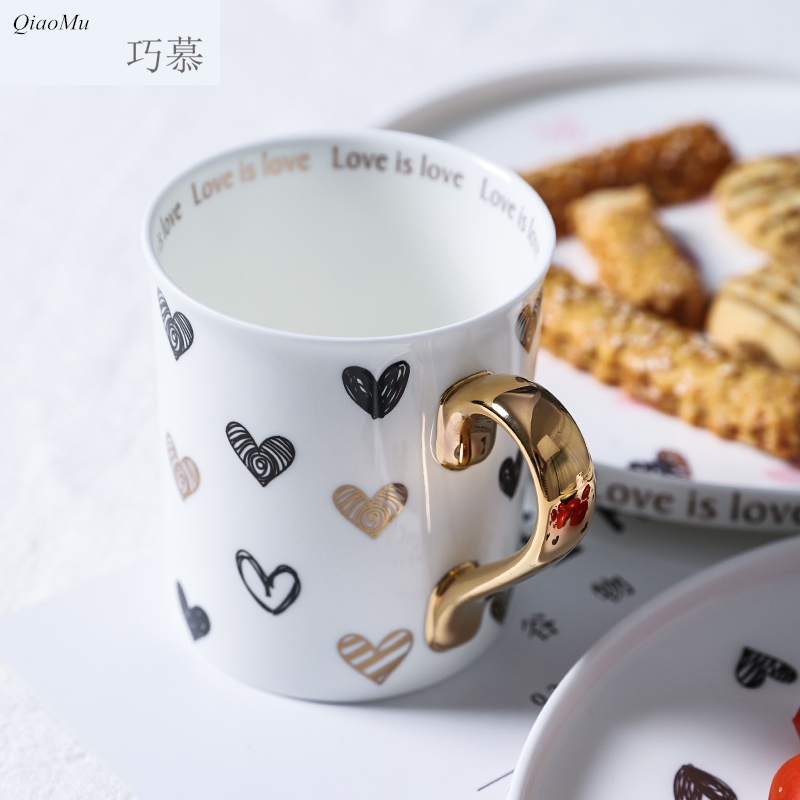 Qiao mu, lovely gold - plated love handle ceramic saucer red cup western - style food plate glass plates in the afternoon