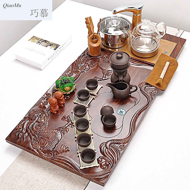 Qiao mu automatic tea set household contracted health pot of violet arenaceous glass kung fu tea set four solid wood tea tray