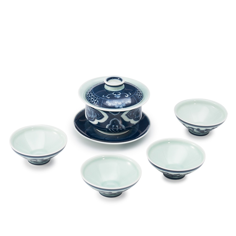 Qiao mu tureen tea set jingdezhen porcelain ceramic hand-painted under glaze color household kung fu tea set 5 times