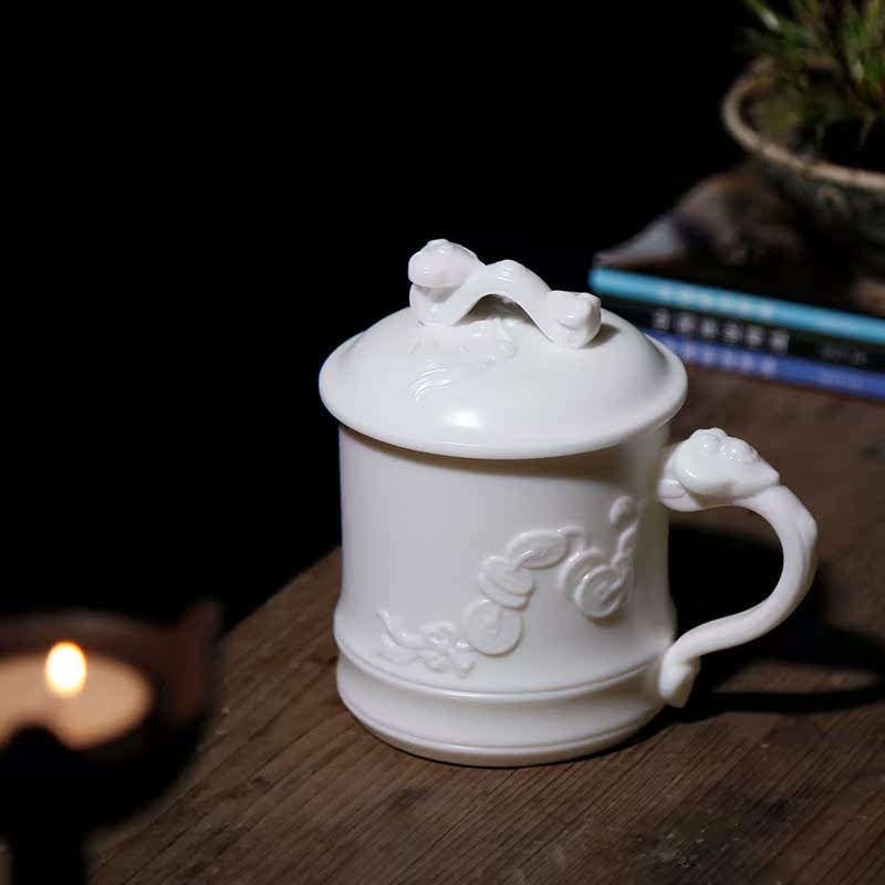 Qiao mu PMZ pure manual dehua white porcelain teacup master cup personal cup with cover large capacity ceramic mugs