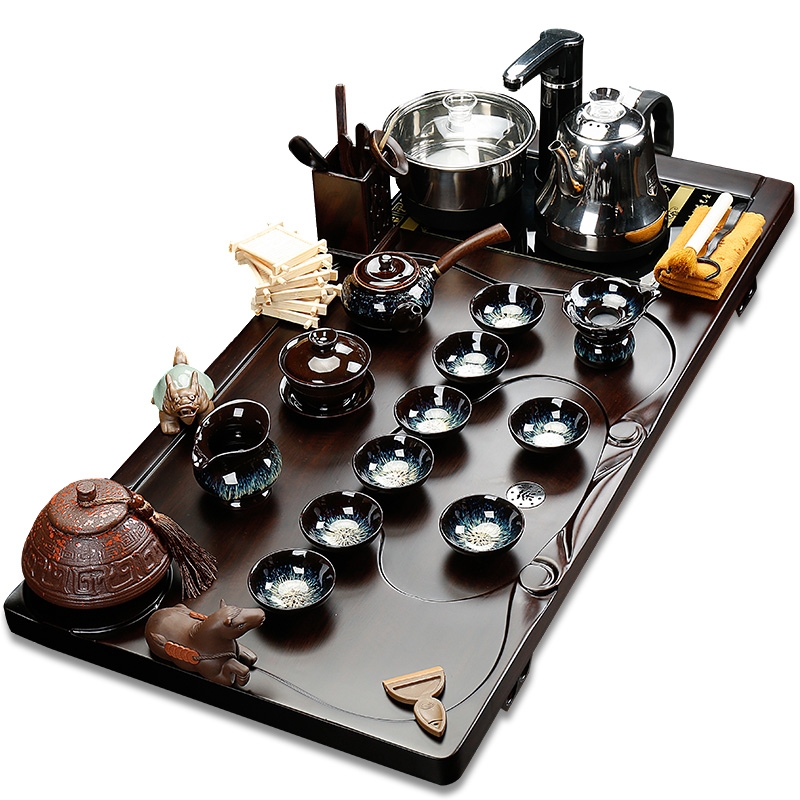 Qiao mu tea set ceramic kung fu tea set ebony wood tea tray of a complete set of fully automatic four one household