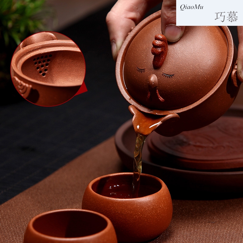 Qiao mu prosperous wealth dog tureen teapot yixing purple sand crack cup office suit portable kung fu travel tea set