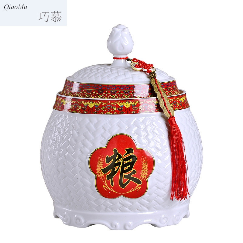 Qiao mu red jingdezhen ceramic barrel home ten catties small tank storage tank is festival seal oil cylinder 20 jins