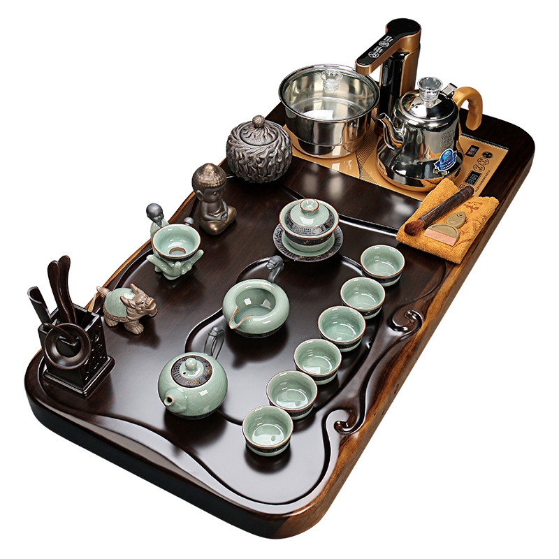 Qiao mu tea set ebony wood, ceramic purple sand tea tray was kung fu tea set of a complete set of full automatic quick furnace