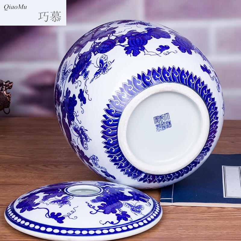 Qiao longed for blue and white porcelain barrel ricer box jars jingdezhen porcelain piggy bank storage tank 15 kg caddy fixings