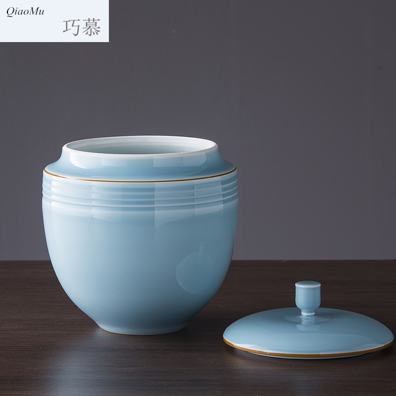 Qiao mu ceramic insect - resistant imitation of barrel ricer box with cover of jingdezhen famous master manual celadon caddy fixings storage