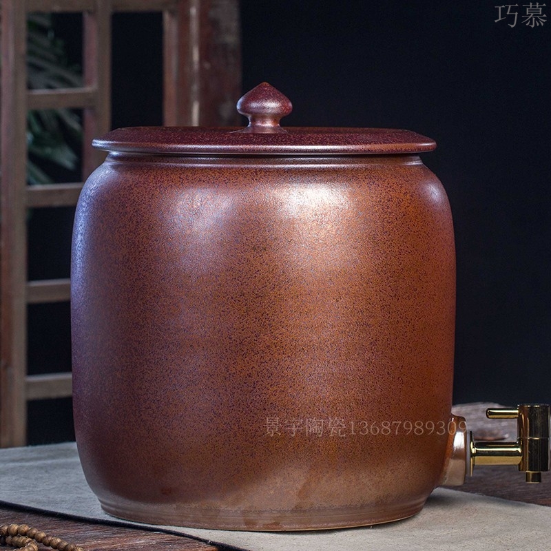 Qiao mu jingdezhen ceramic cylinder barrel with tap water cylinder 20 jins 30 jins 50 kg household with cover storage