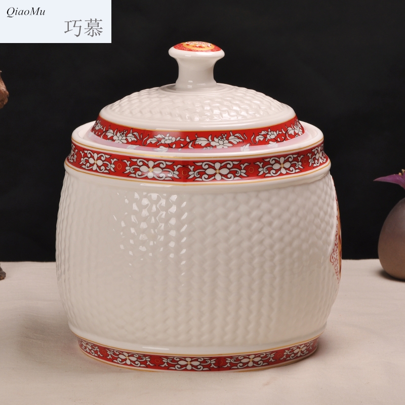 Qiao mu jingdezhen ceramic barrel ricer box seal pot 15 pounds 25 kilo meters five box of storage tank is moistureproof insect - resistant jar