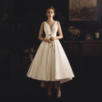 Satin wedding dress 2021 new Korean fashion deep V-neck short front short back long simple travel light wedding dress