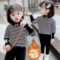 Girl gush with undershirt 2021 new female baby thickened autumn and winter clothing foreign air striped children semi-high collar blouses
