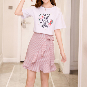 Three dimensional flower letter short sleeve T-shirt suit skirt Ruffle hem skirt fashion two piece set