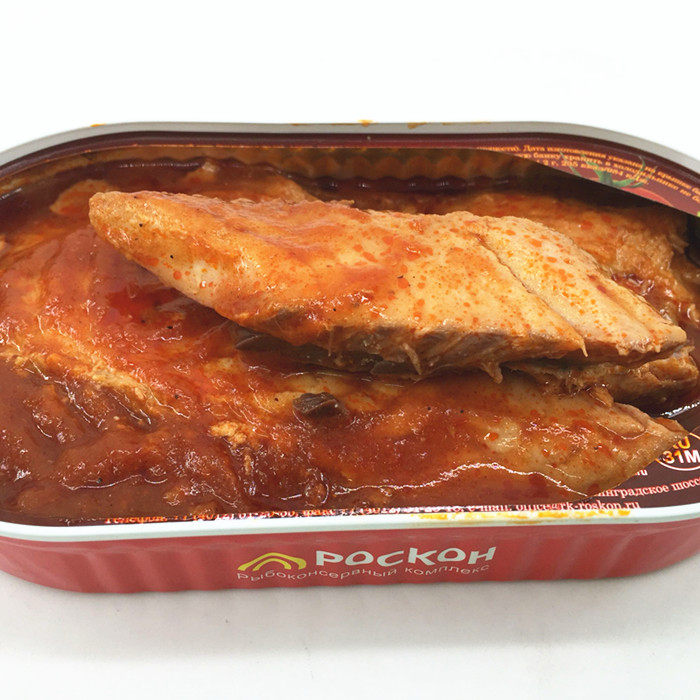 包邮 俄罗斯进口休闲风味特产零食品番茄汁马鲛鱼罐头野餐带拉环_7折