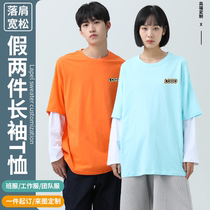 Fake two t-shirt custom print-print logo logos to be loose pure cotton long sleeve culture Shirt workwear Summer sunscreen T