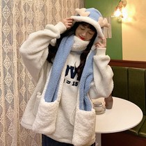 Autumn and Winter women warm scarf hat in one hood girl around the neck and Korean ear hat button bear plush and winter