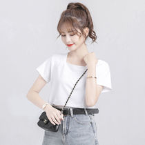 2021 summer new high waist umbilical short T-shirt womens all-match black short-sleeved solid color French square collar short top