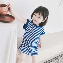 Tide brand girls striped dress summer 2021 New Baby foreign style long princess dress cotton short sleeve t-shirt