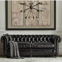 American country first layer cowhide three sofa living room Villa industrial wind homestay black wax leather retro sofa