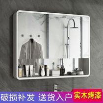 Nordic black and white solid wood bathroom mirror cabinet waterproof toilet mirror box wall storage storage storage mirror with shelf