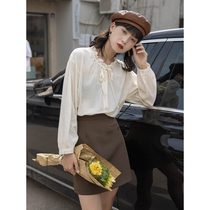 Agaric side temperament semi-high collar shirt woman 2022 new style temperament tied lace with slim fit 100 lap blouse