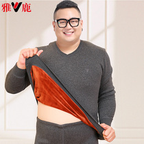Fat-up mens V-collar thermal underwear Fat autumn pants plus size plus velvet padded extra-large warm clothes