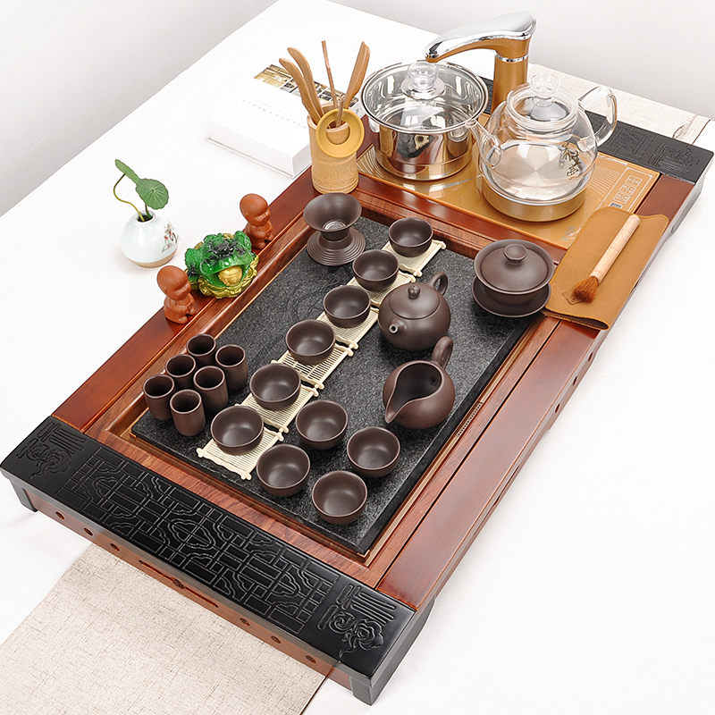 Sand run automatic tea set home health POTS, glass kung fu tea set contracted solid wood tea tray of tea