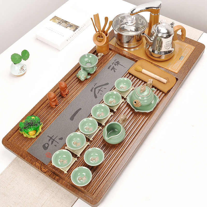 Sand embellish tea set suit household contracted automatic ceramic kung fu tea set solid wood tea tray tea four unity