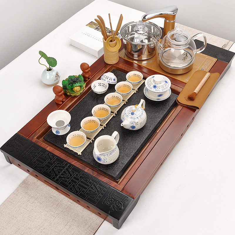 Sand run automatic tea set home health POTS, glass kung fu tea set contracted solid wood tea tray of tea